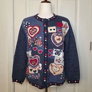 VTG Heirloom Collectibles 2002 Blue & Red Embroidered Cottagecore Cardigan